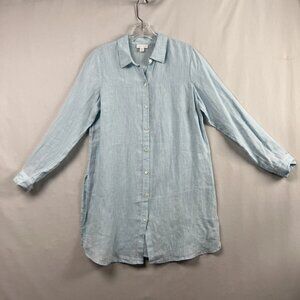 J Jill Love Linen Dress Petite Small Button Front Long Sleeve Aqua Beach Coastal